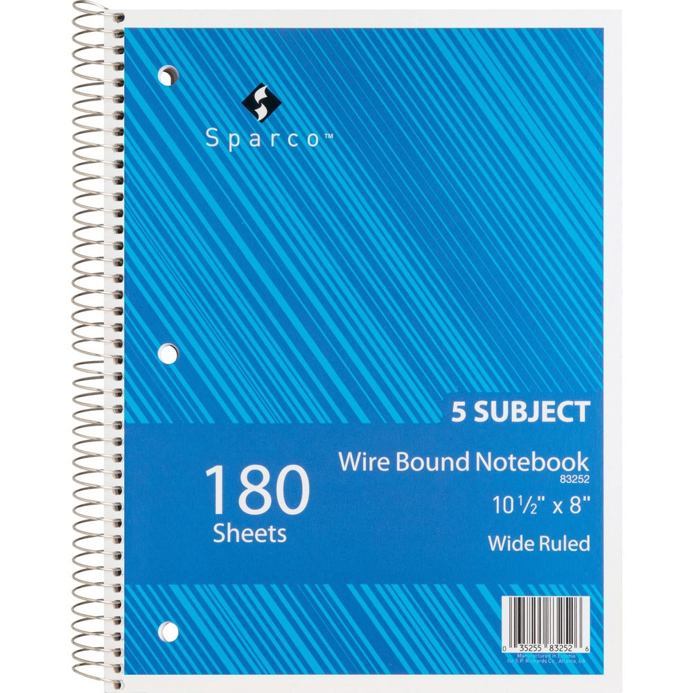 Image of Sparco Notebooks,5 Subject,3HP,10-1/2"x8",Wide Ruled,180 Sht,AST