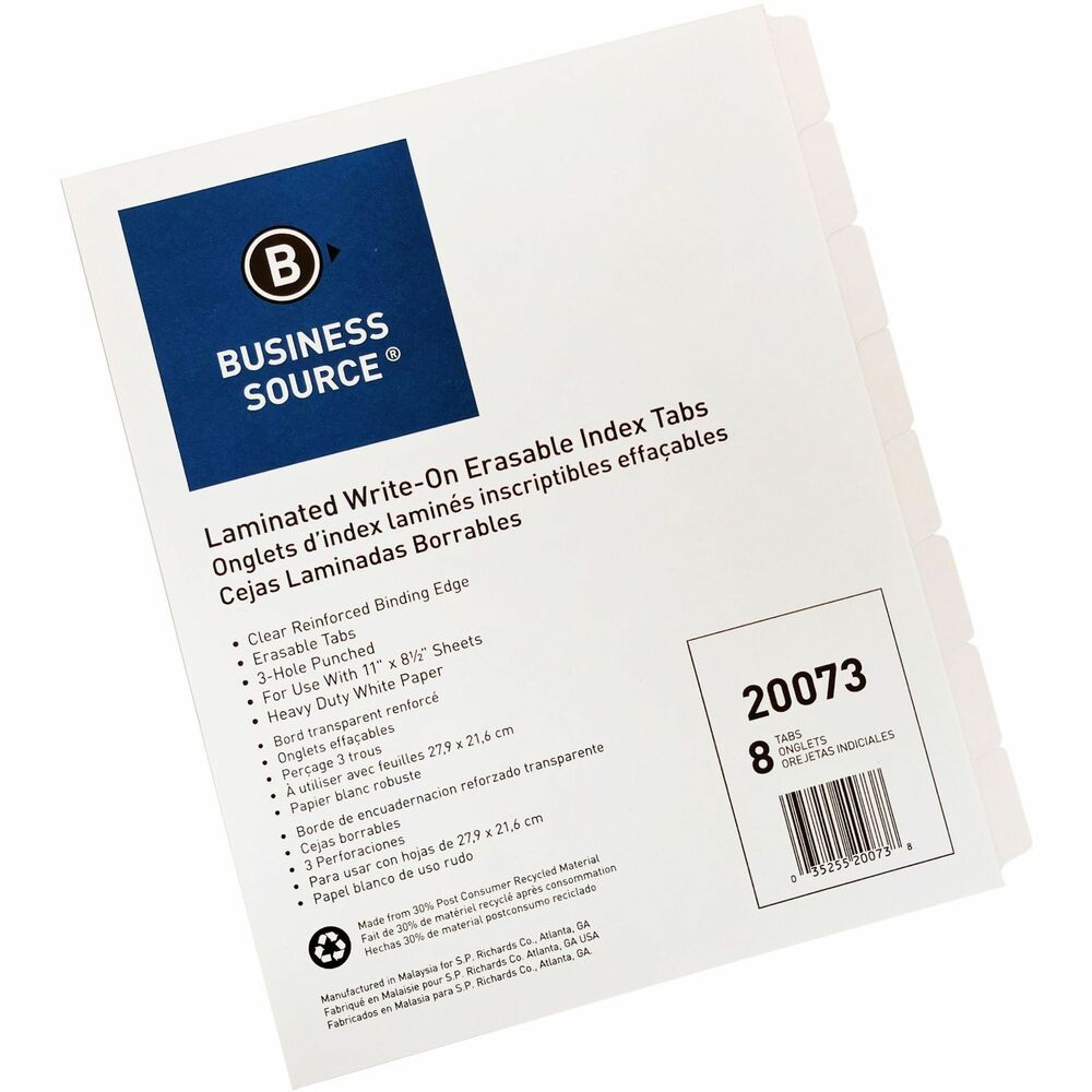 Image of Business Source Erasable Tab Indexes, 3HP,11"x8-1/2",8/ST, White