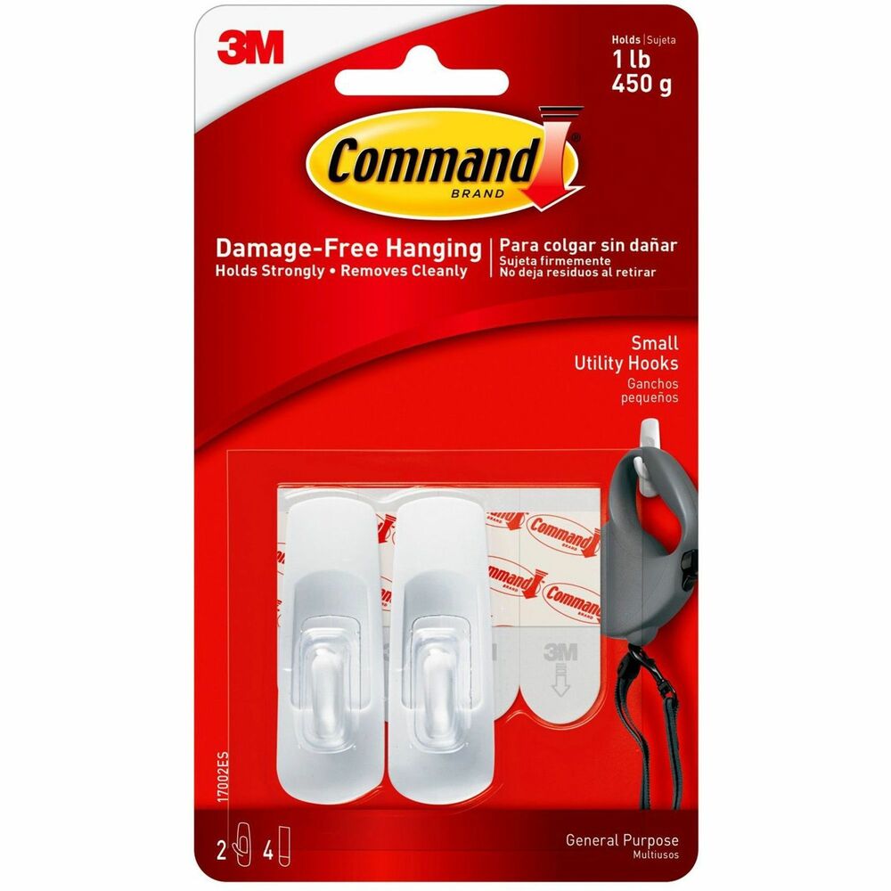 Image of 3M Command Hooks,Small,1lb. Capacity,2 Hooks/4 Strips,2/PK,WE