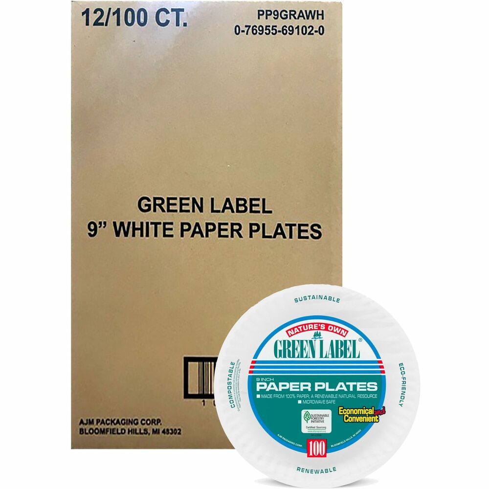 Image of Ajm Packaging Corporation Paper Plates, Uncoated, 9" Plate, 1200/CT, White