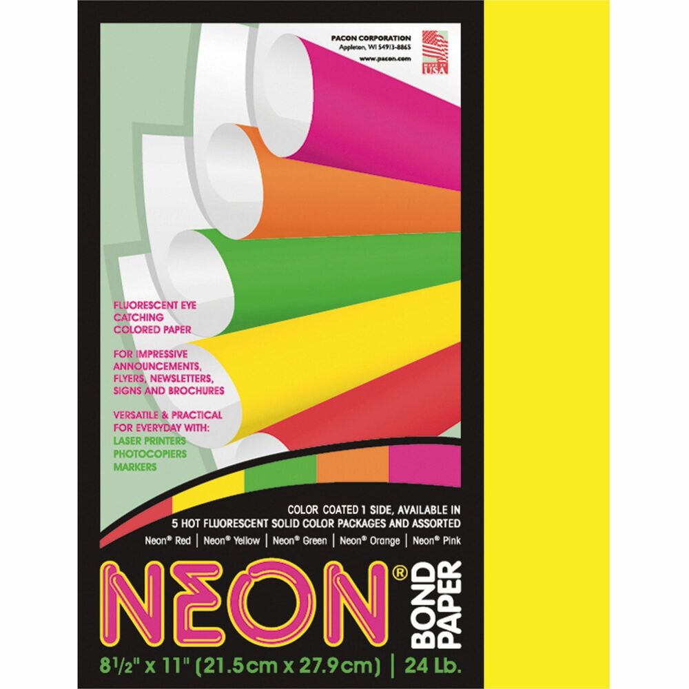Image of Pacon Bond Paper, 24 lb., 8-1/2"x11", 100Sht/PK, Neon Yellow