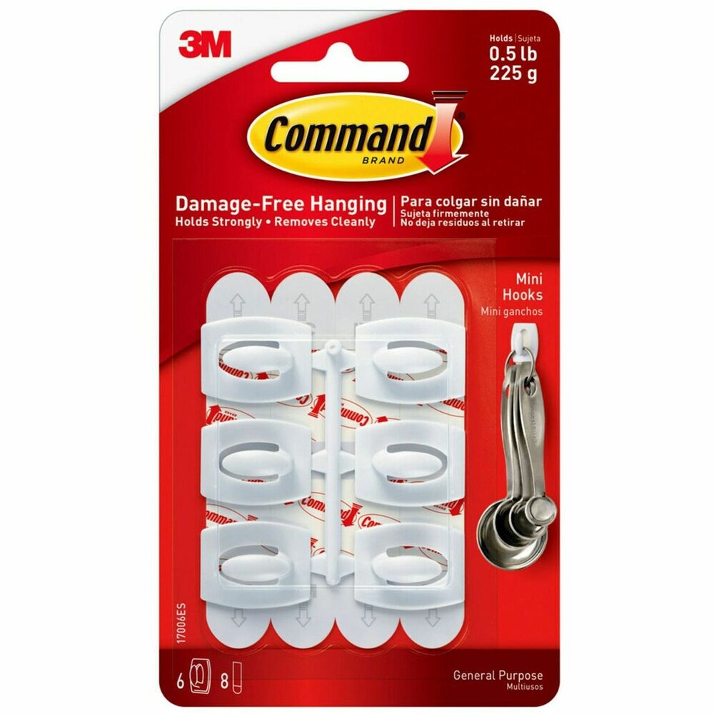 Image of 3M Command Hooks,Mini,1/2lb Cap,6 Hooks/8 Strips,6/PK,WE