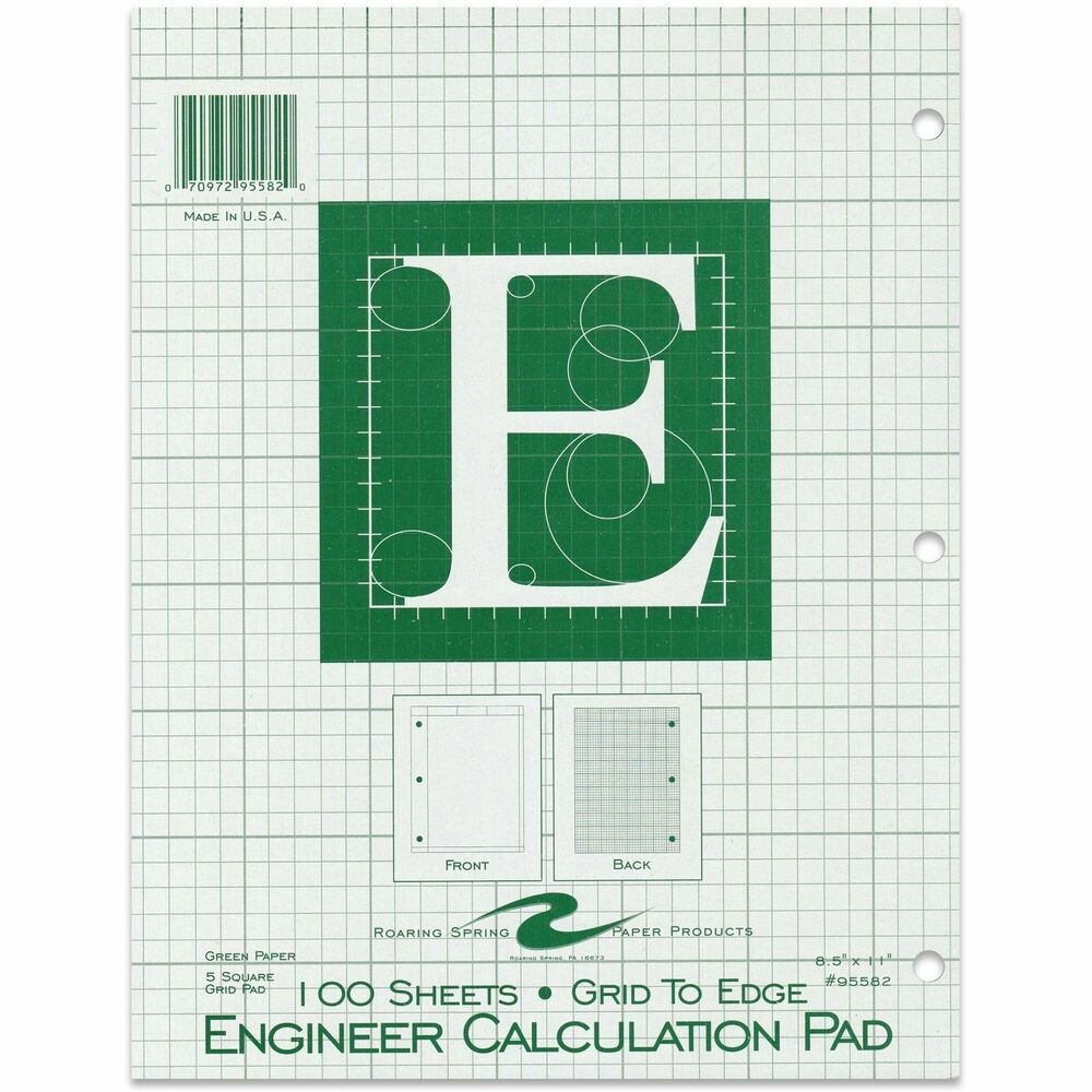 Image of Roaring Spring Paper Products Engineering Pad,5"x5" Quad,3HP,100 Shts,11"x8-1/2",Green