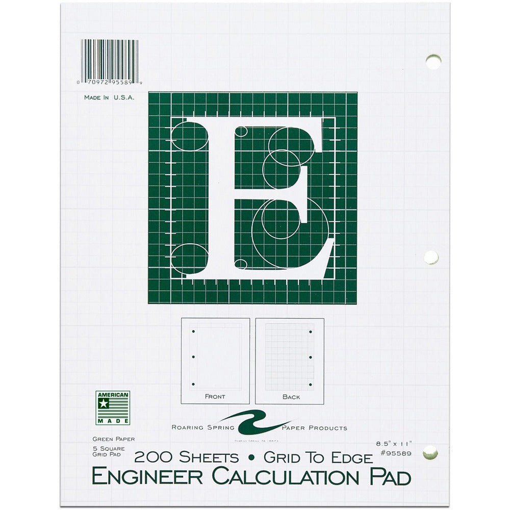 Image of Roaring Spring Paper Products Engineering Pad,5"x5" Quad,3HP,200 Shts,11"x8-1/2",Green