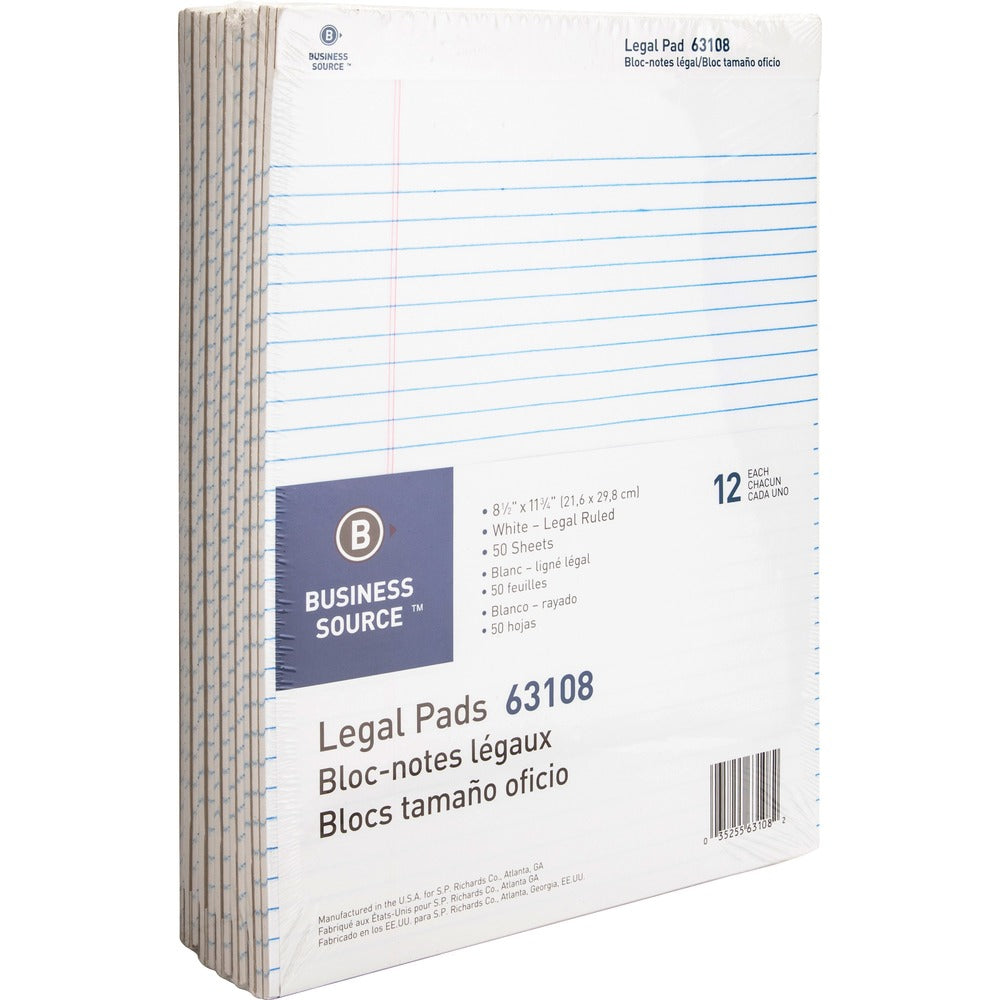 Image of Business Source Legal Pads, Legal Ruled, 50 Sht, 8-1/2"x11-3/4", 1 Dozen,WE