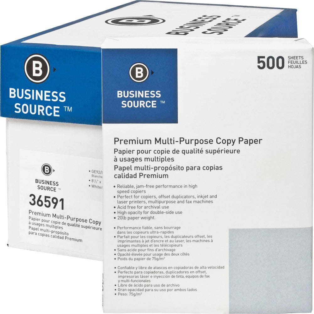 Image of Business Source Multipurpose Paper,92 Bright,20lb,8-1/2"x11",500/RM,10/CT,WE