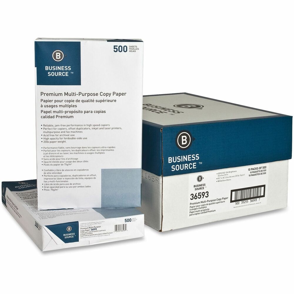 Image of Business Source Multipurpose Paper,20lb,92 Bright,8-1/2"x14",500/RM,10/CT,WE