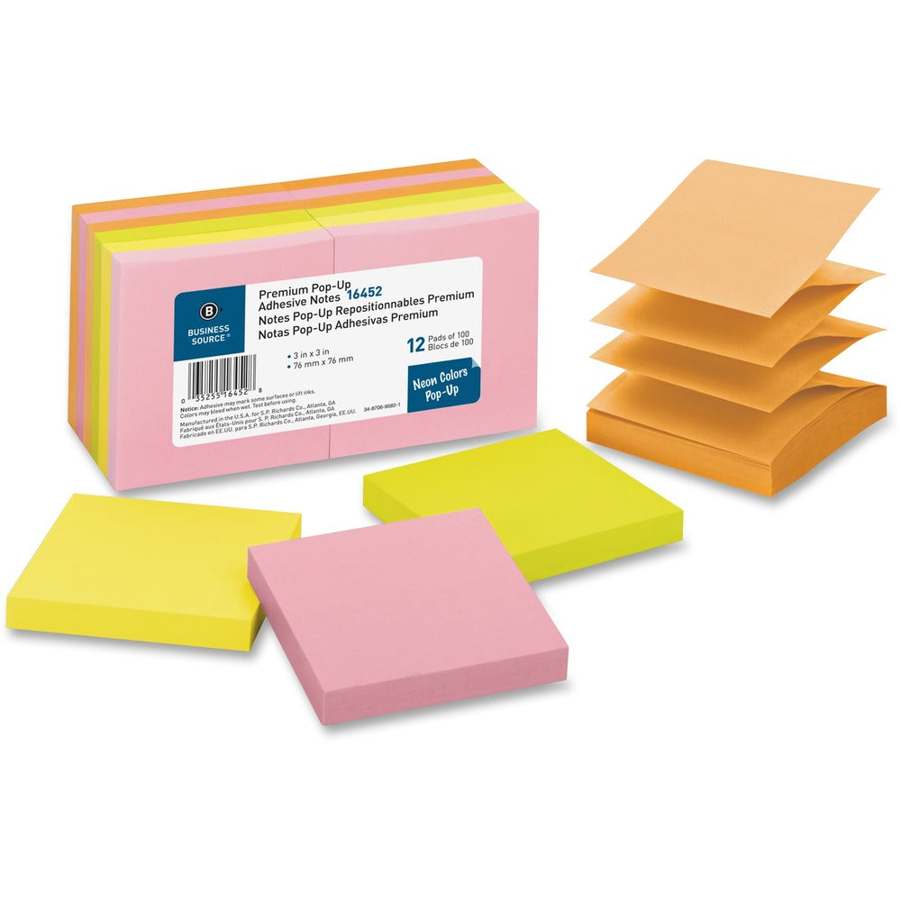 Image of Business Source Pop-up Adhesive Note Pads,3"x3",100 Sh,12/PK, AST Neon