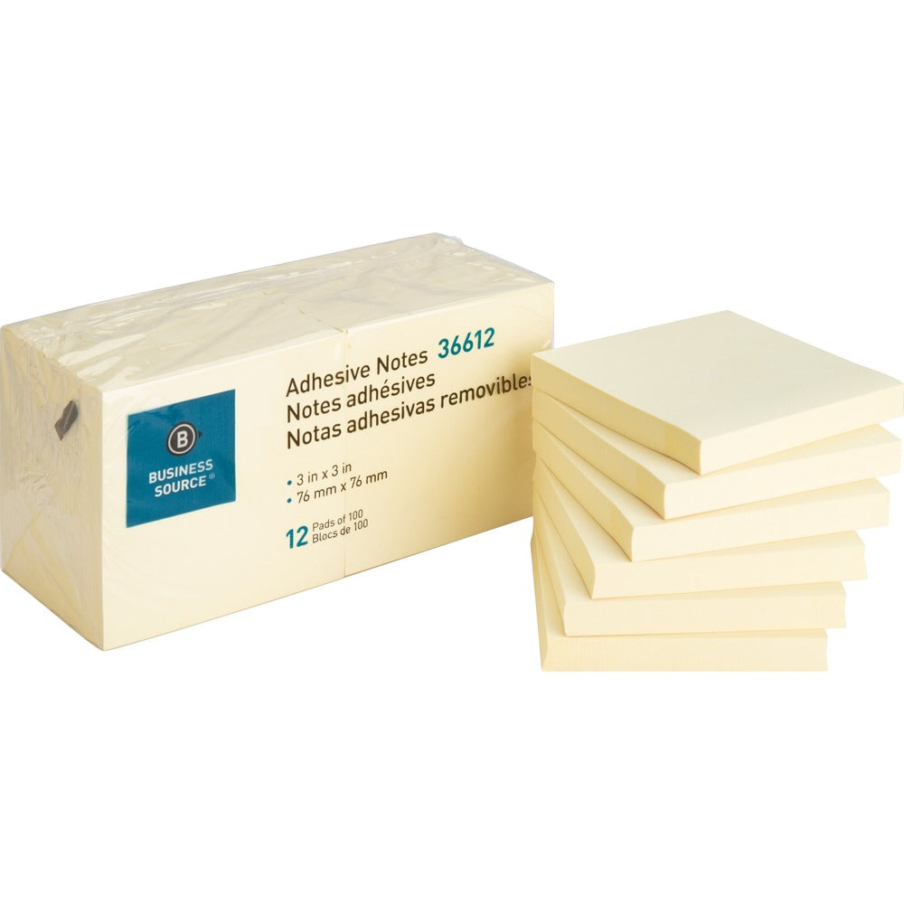 Image of Business Source Adhesive Notes, 100 Sheets, 3"x3", 12/PK, Yellow