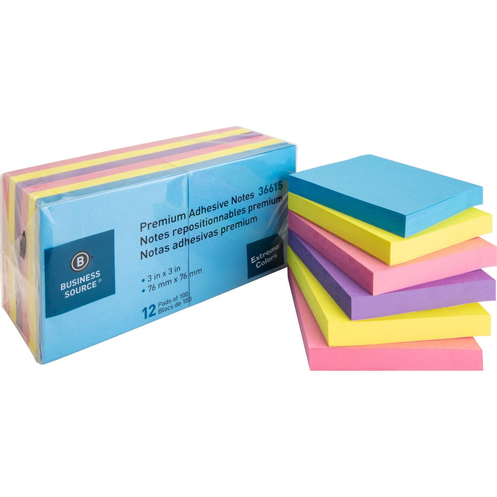 Image of Business Source Adhesive Notes, 100 Sht/PD, 3"x3", 12/PK, Assorted Extreme