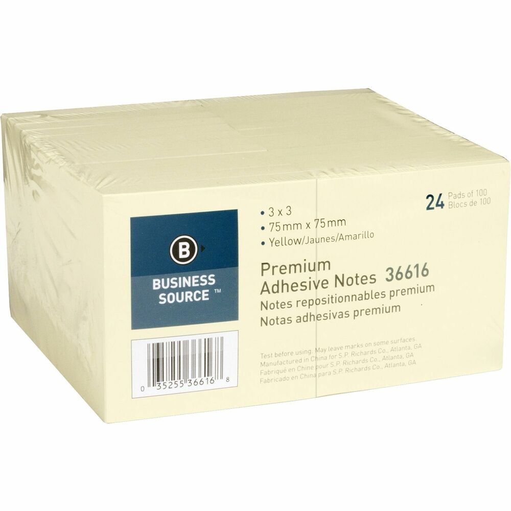 Image of Business Source Adhesive Notes, 100 Sheets, 3"x3", 24/PK, Yellow