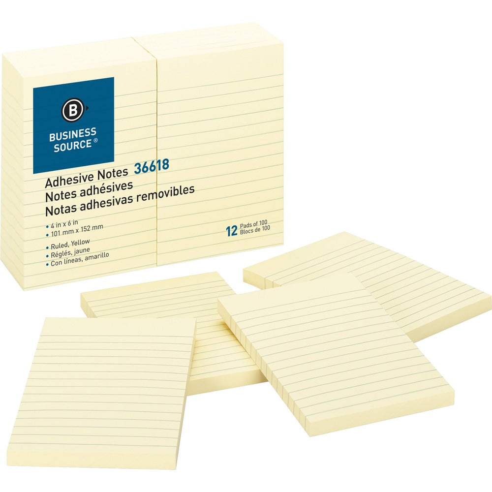 Image of Business Source Adhesive Notes, Ruled, 4"x6", 100 Sh/PD, 12/PK, Yellow