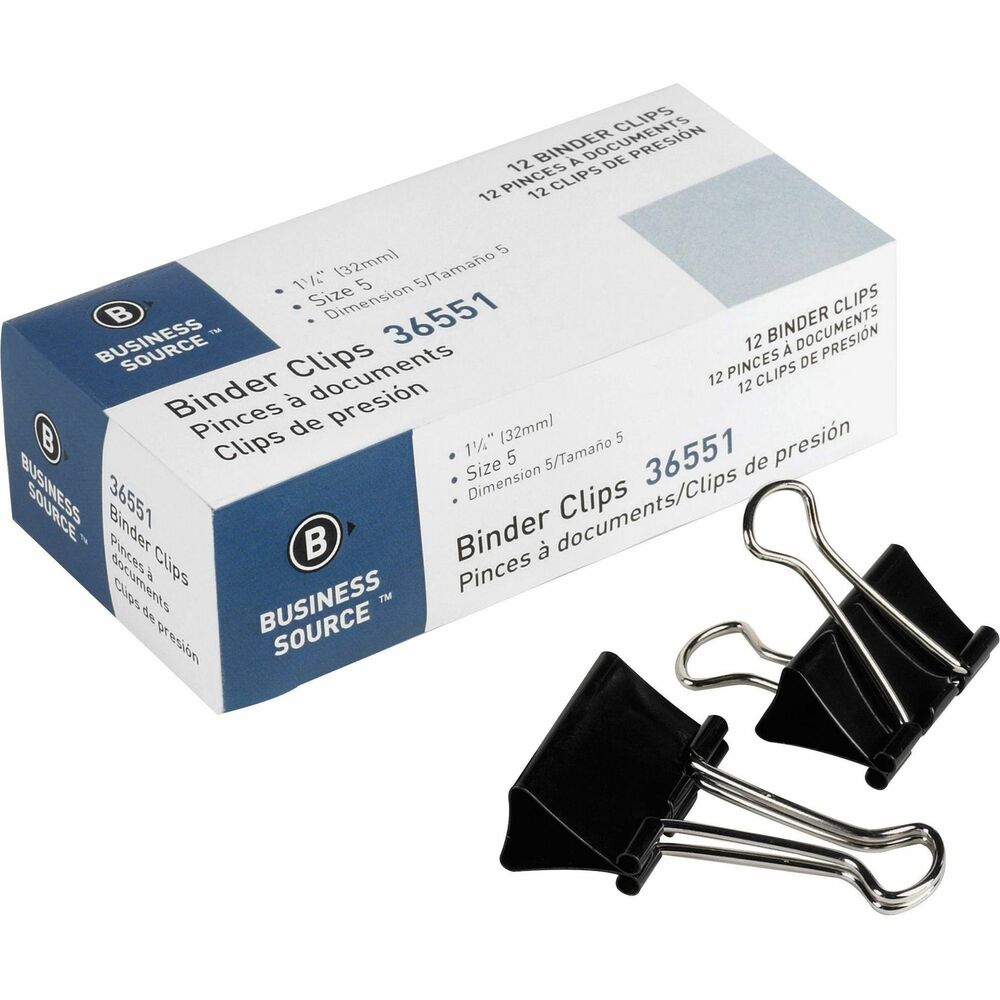 Image of Business Source Binder Clip, Medium, 1-1/4", Steel, 5/8" Cap.,1 DZ,Black