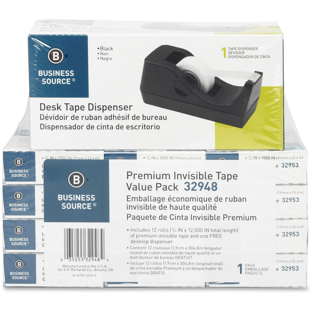 Image of Business Source Tape Dispenser Value Pack,1"Core, 3/4"x1000", 12/PK, BLK