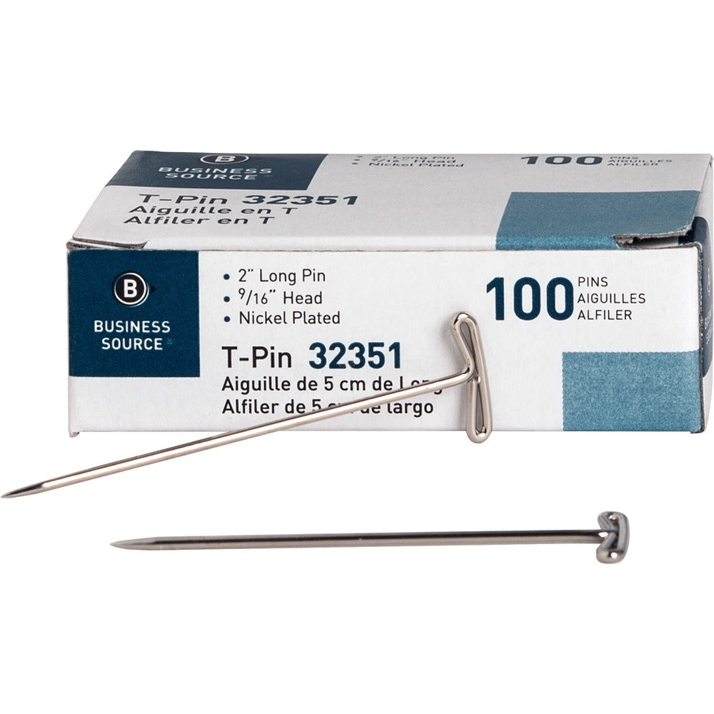 Image of Business Source T-Pins, 9/16" Head Width, 2" L, 100/BX, Silver
