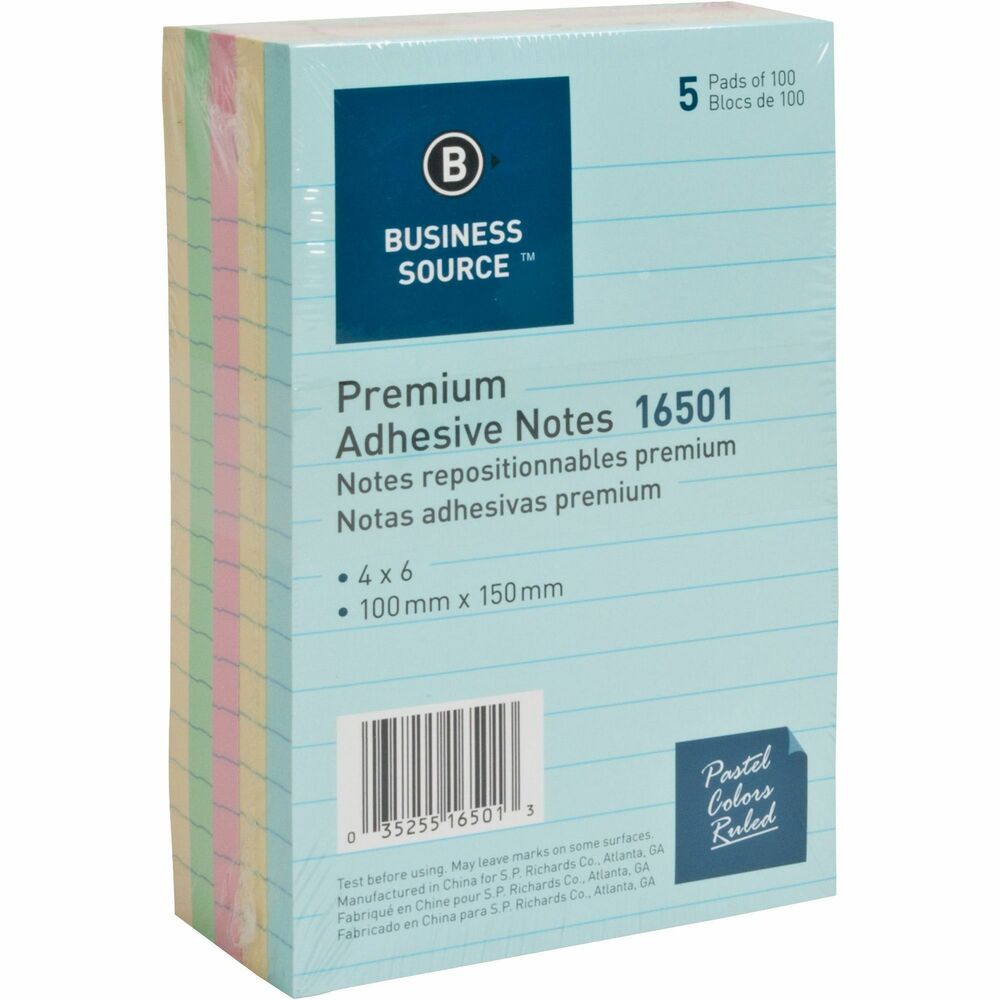 Image of Business Source Adhesive Notes, Ruled, 4"x6", 100 Sh/PD, 5/PK, Pastel AST