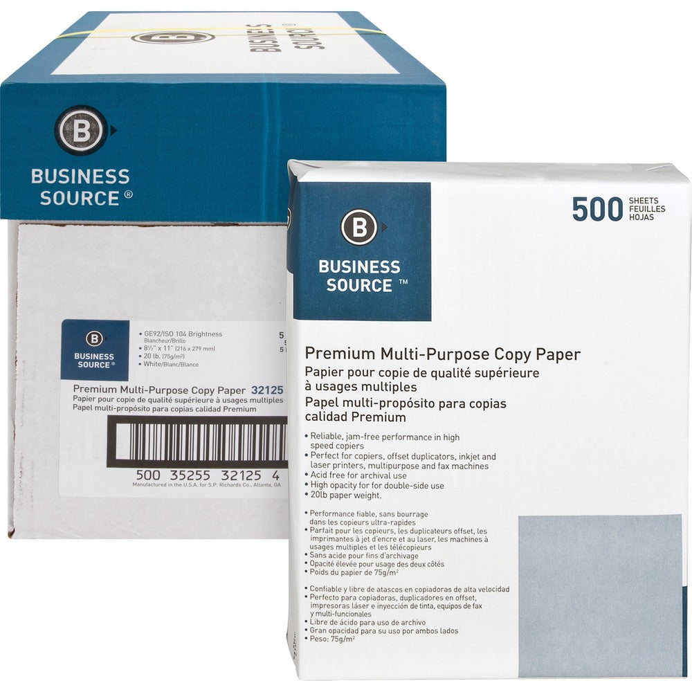 Image of Business Source Multipurpose Paper,20lb.,92 Bright,8-1/2"x11",5RM/CT,White
