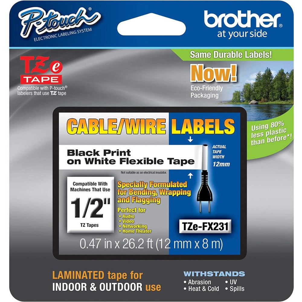 Image of Brother Labeling Tape, 1/2" Wide, Black On White