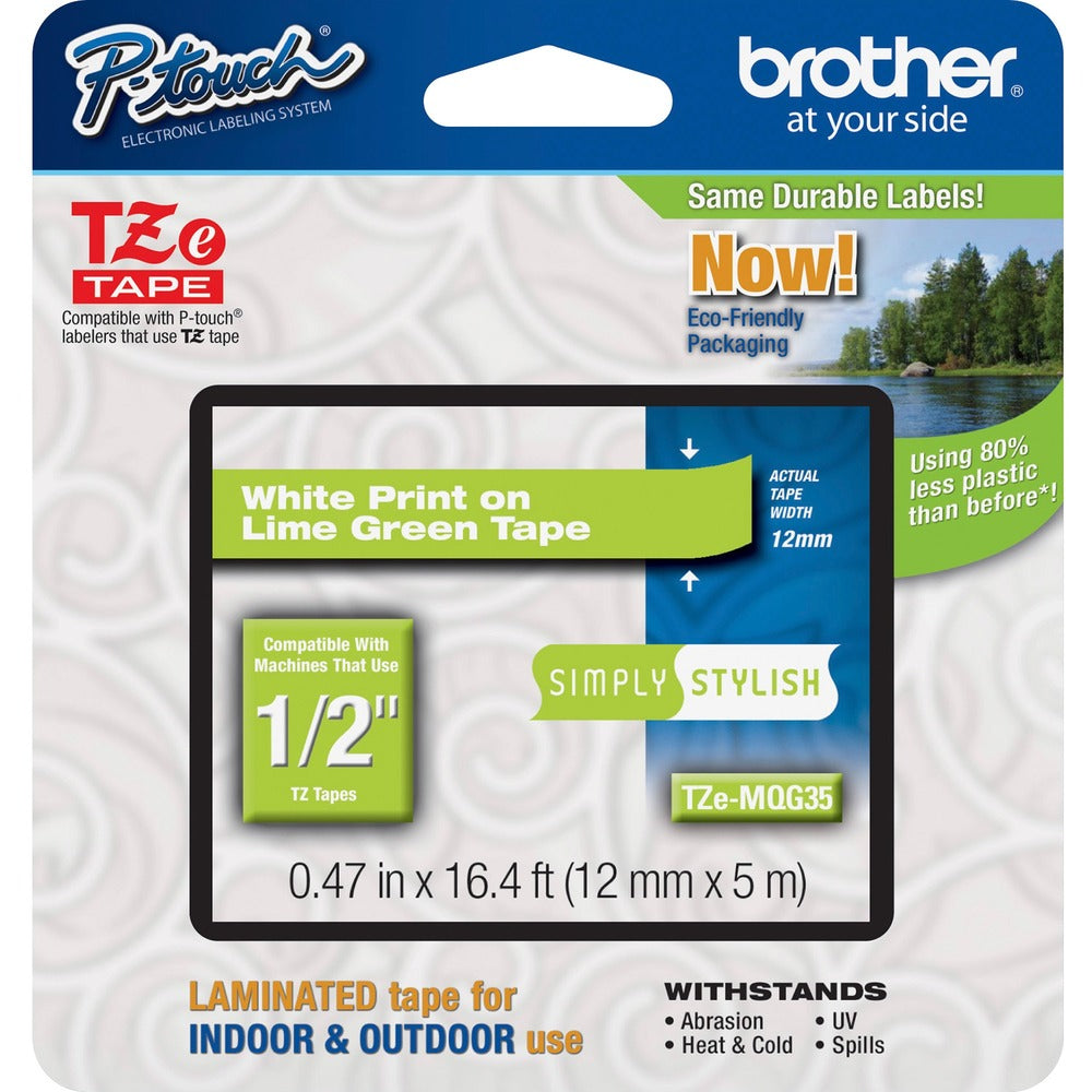 Image of Brother Laminated TZE Tape, 12mm, White/Lime Green