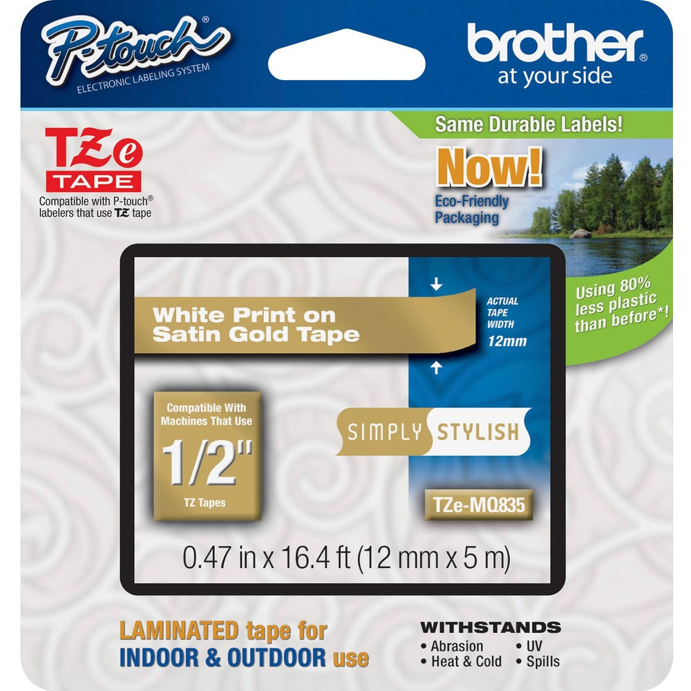 Image of Brother Laminated TZE Tape, 12mm, White/Satin Gold