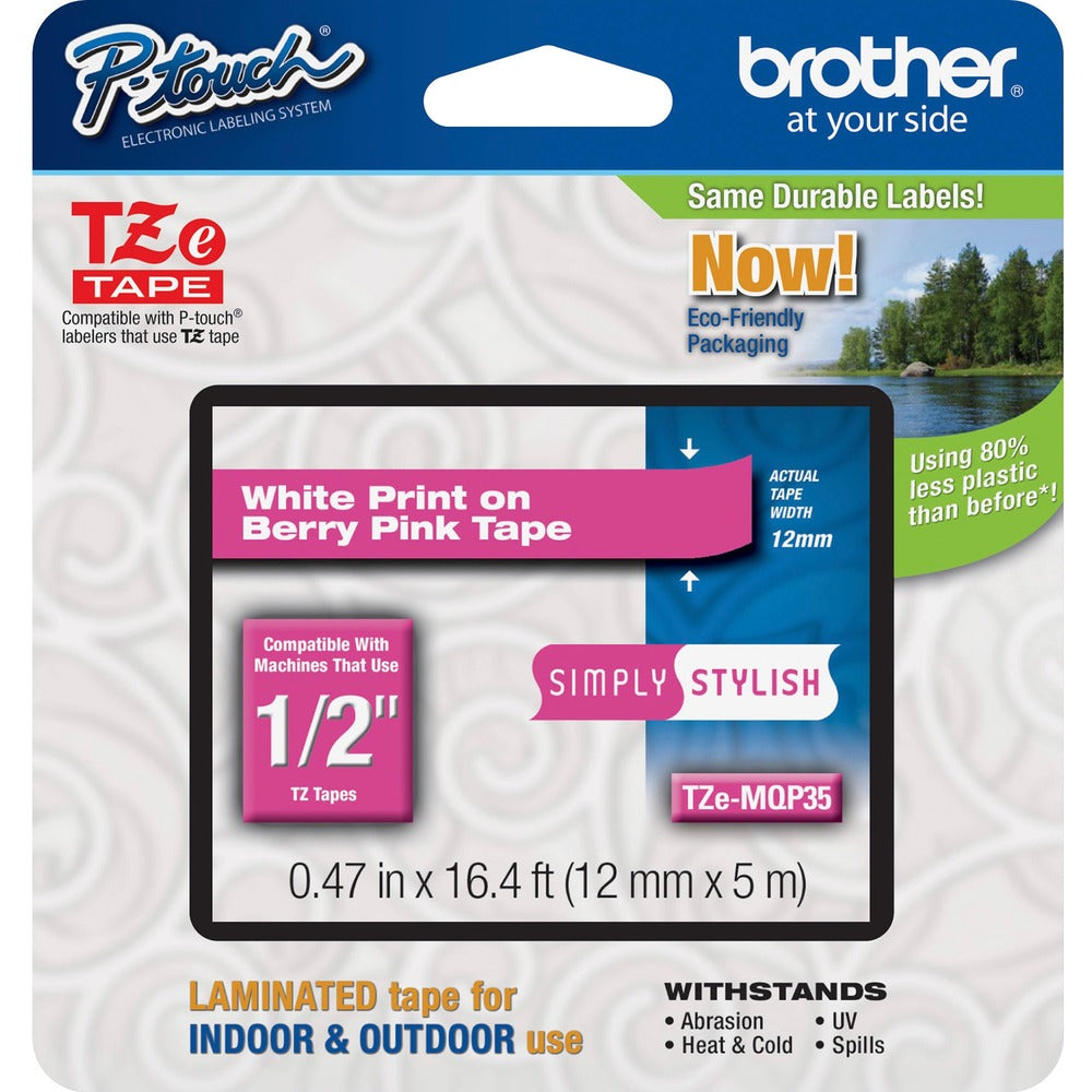 Image of Brother Laminated TZE Tape, 12mm, White/Berry Pink