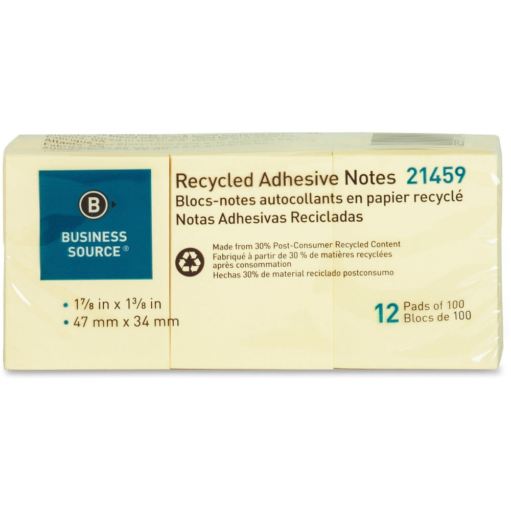 Image of Business Source Adhesive Note Pads, Recycled 1-7/8" x 1-3/8", 12/PK, Yellow