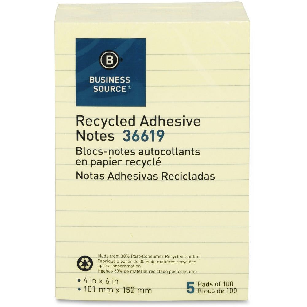 Image of Business Source Adhesive Note Pads, Recycled, Lined, 4"x6", 5/PK, Yellow