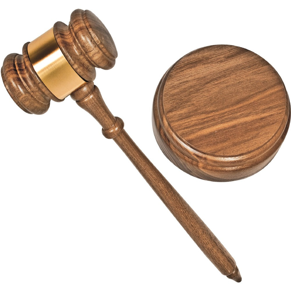 Image of Advantus Corp. Gavel Set, Sound Block, Brass Band,10-1/4" Gavel, Walnut