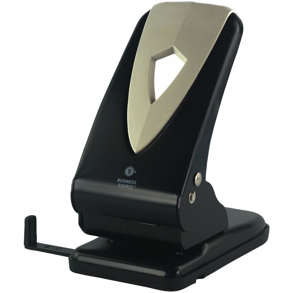Image of Business Source 2-Hole Punch, Metal Drill, 1/4", 65 Sht Cap, Black/Gray