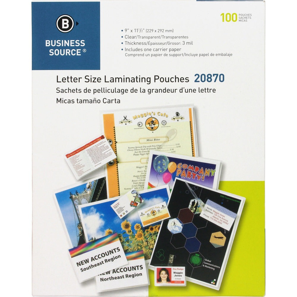 Image of Business Source Laminating Pouch, Ltr, 3Mil, 9"x11-1/2", 100/BX, Clear