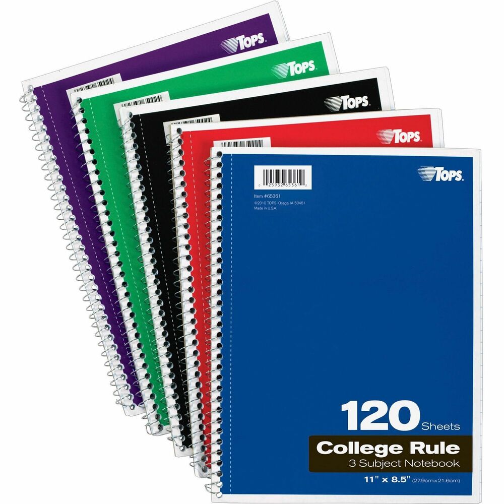 Image of Tops 3-Subject Notebooks, Collg Ruled, 11"x8-1/2", 120 Shts, Ast