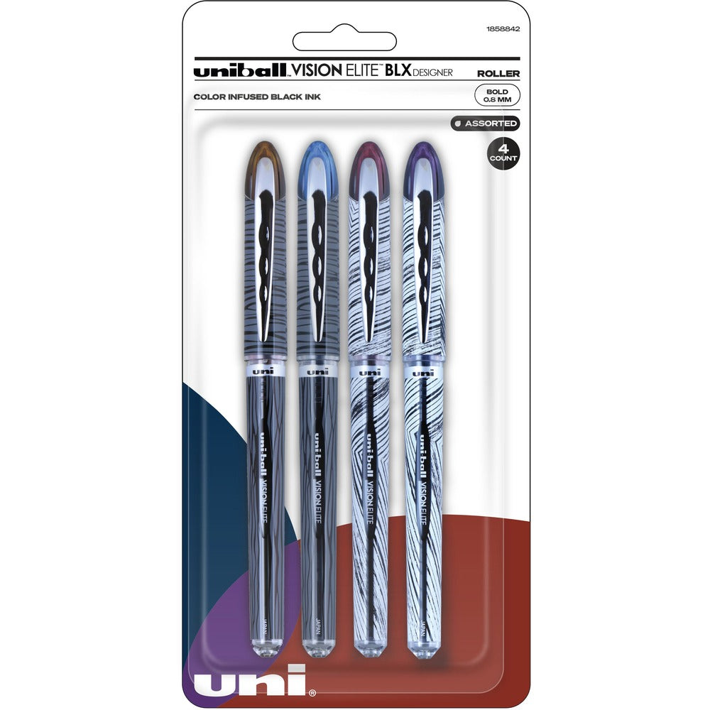 Image of uni-ball Corporation Vision Elite Rollerball Pen, .8mm, 4/PK, BK Ink/ AST Barrel