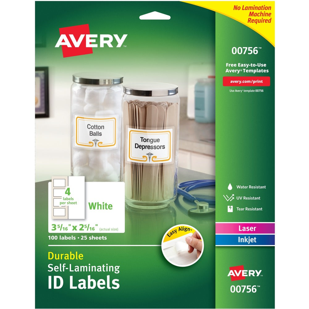 Image of Avery ID Labels, Self-Lam, 4UP, 2-5/16"x3-5/16", 100/PK, White