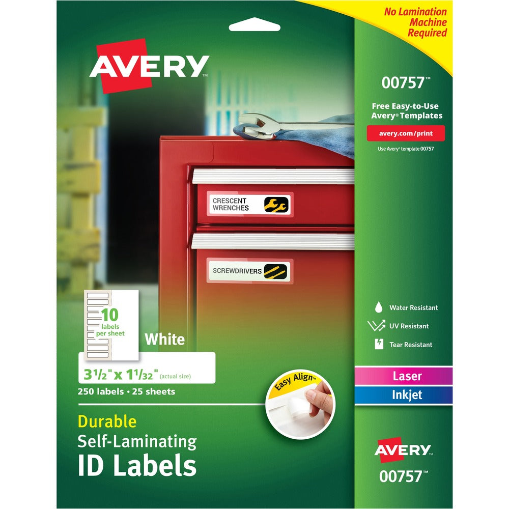 Image of Avery ID Labels, Self-Lam, 10UP, 1-1/32"x3-1/2", 250/PK, White