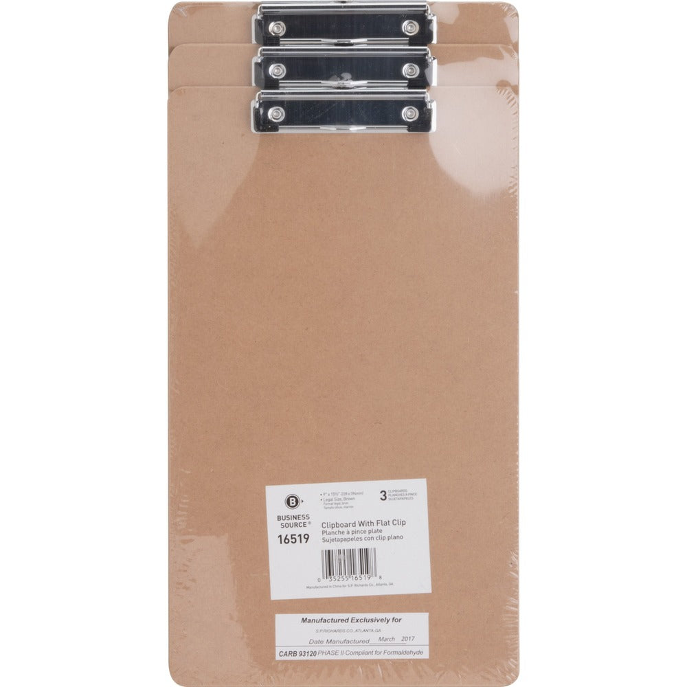 Image of Business Source Clipboard, Flat Clip, Legal, 3/PK, Brown