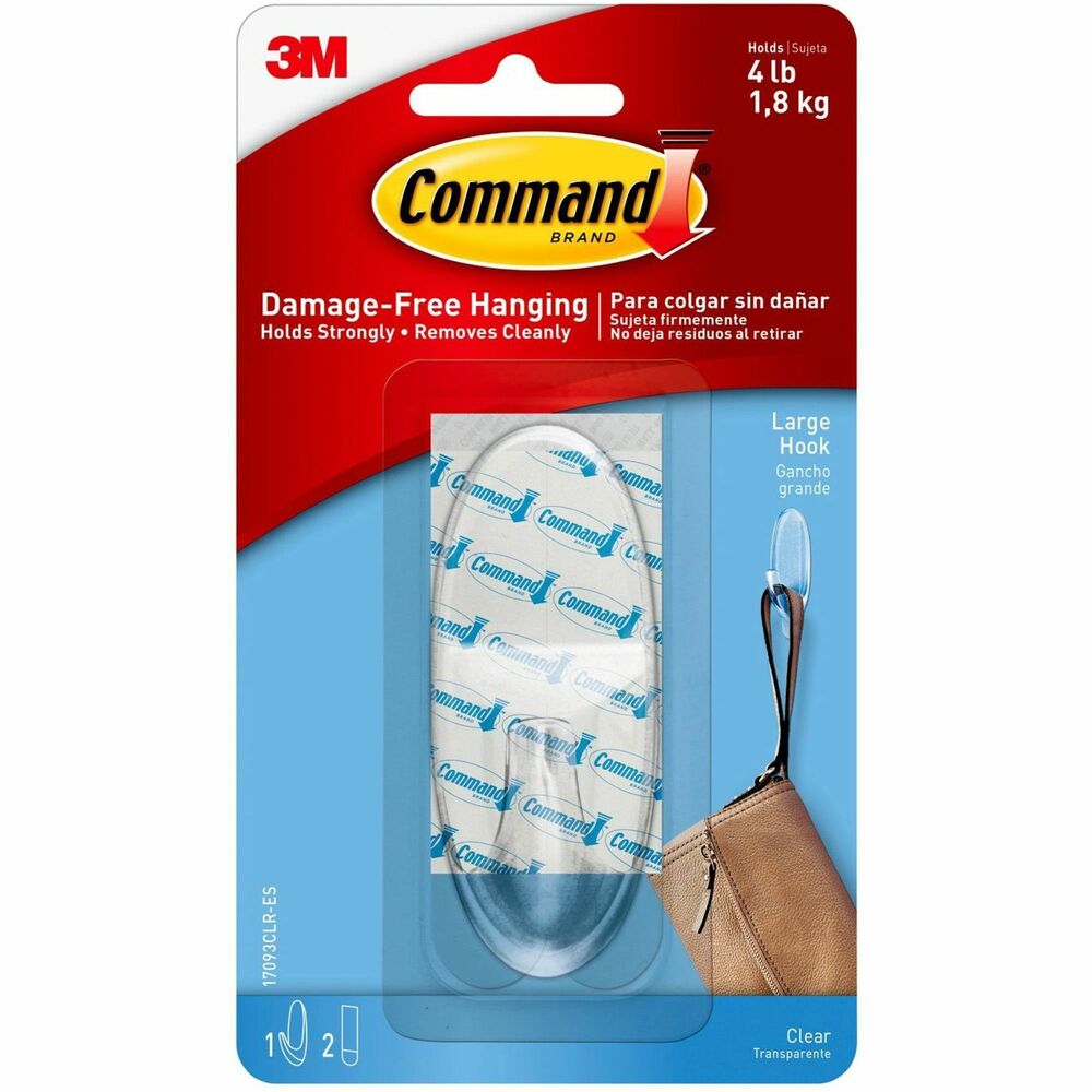 Image of 3M Adhesive Hanging Hook, Large, Holds 4lbs., Clear