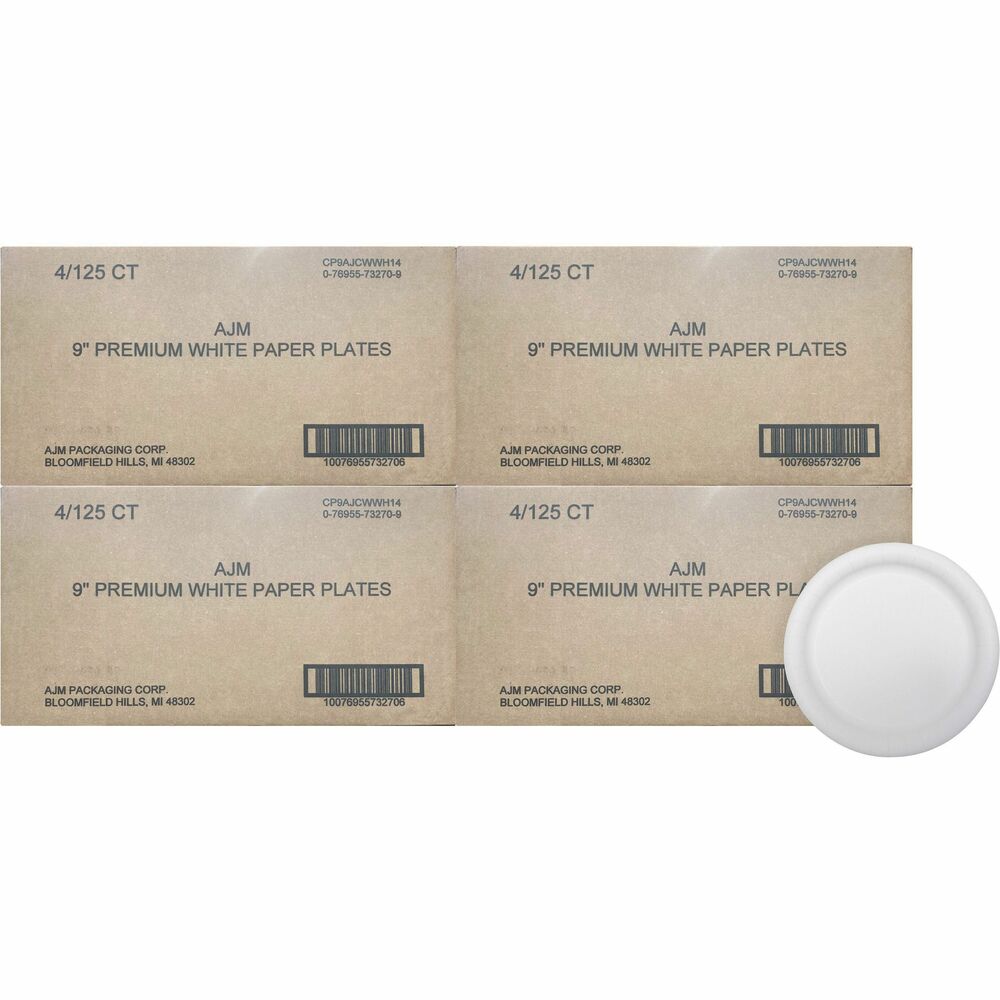 Image of Ajm Packaging Corporation Plates, Coated Paper, Round, 9" Dia,125/PK,4PK/CT,White