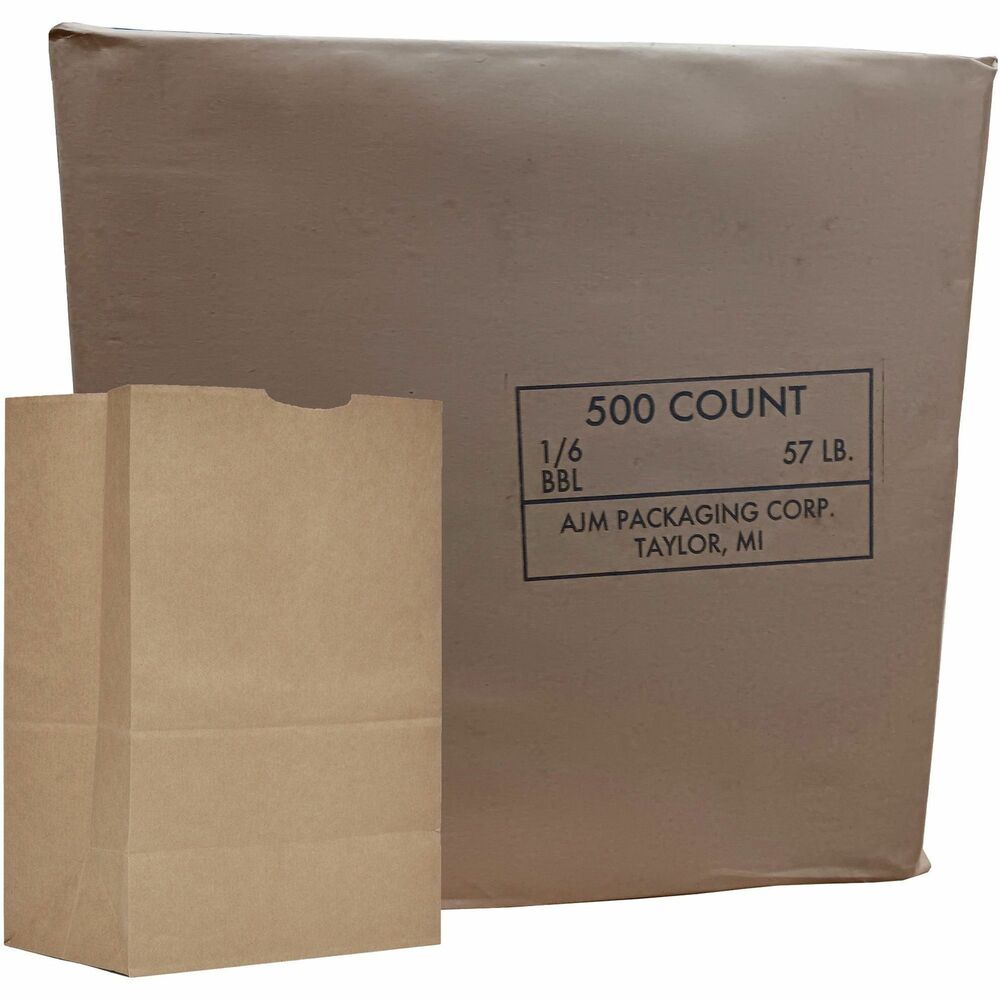 Image of Ajm Packaging Corporation Grocery Sacks, No. 57 Paper, 1/6 BBL, 500/CT, Kraft