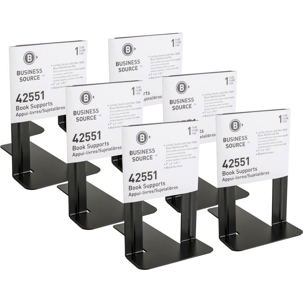 Image of Business Source Bookends, Jumbo, Steel, 6"x8-1/2"x9",2/PR,6PR/BX,BK