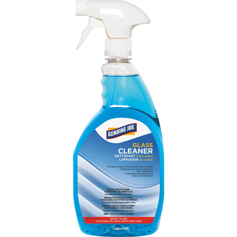 Image of Genuine Joe Glass Cleaner, Non-ammoniated, Spray Bottle, 32 oz, Blue