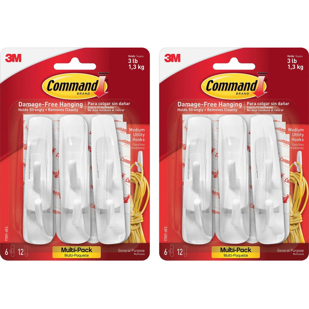 Image of 3M Hooks,Reusable,Command Adhesive,Medium,6/PK,2PK/BG,WE