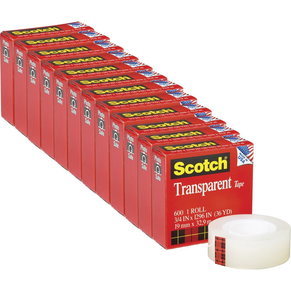 Image of 3M Transparent Tape, 1" Core, 12 Rolls/PK, 3/4"x1296"