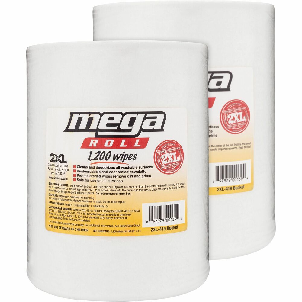 Image of 2XL CORP Wipes, Alcohol-free, 8"x8", 1200Shts/Roll, 2/CT, White