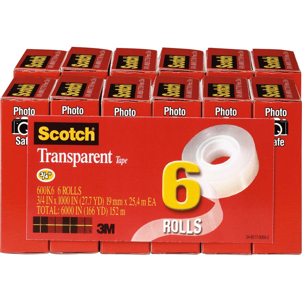 Image of 3M Transparent Tape, Refill, 1" Core, 3/4"x1000", 12 Rolls/BD