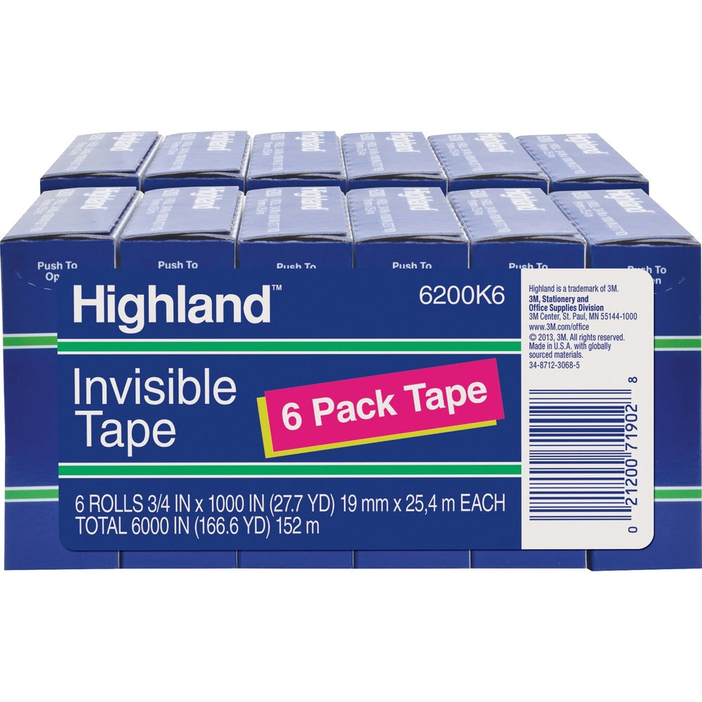 Image of 3M Invisible Tape, 1" Core, 3/4"x1000", 12 Rolls/BD, Clear
