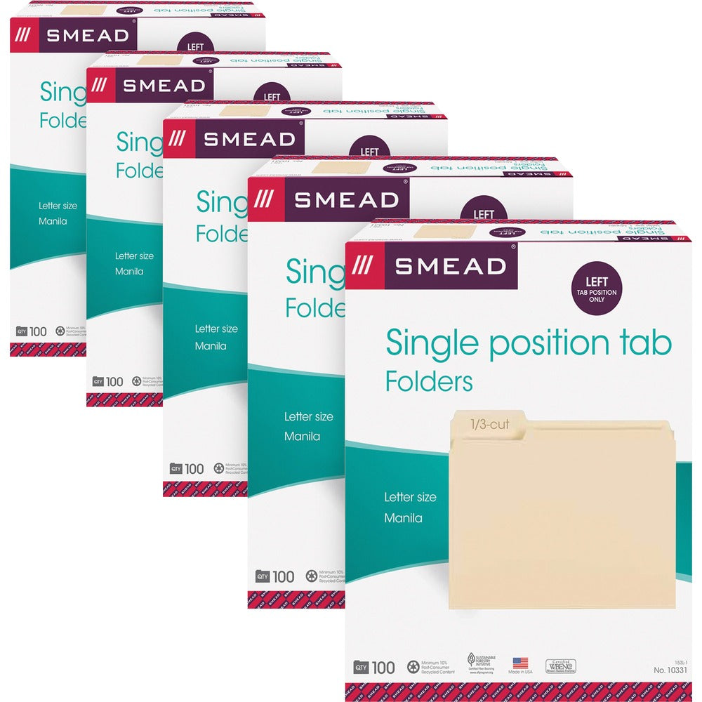 Image of Smead File Folders,1/3 Left Tab Cut,1 Ply,Letter,100/BX,5BX/CT,MLA