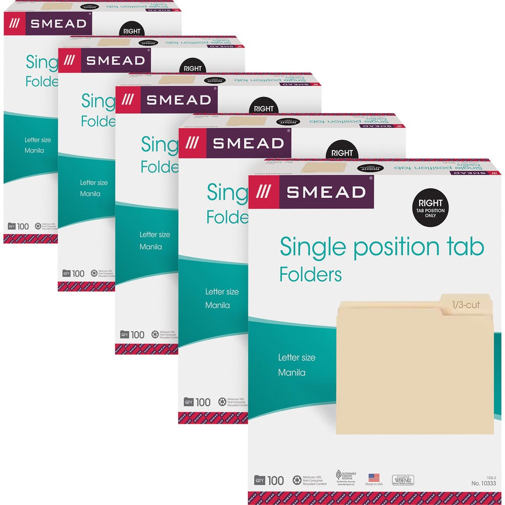 Image of Smead File Folders,1/3 Right Tab Cut,1 Ply,Ltr,100/BX,5BX/CT,MLA