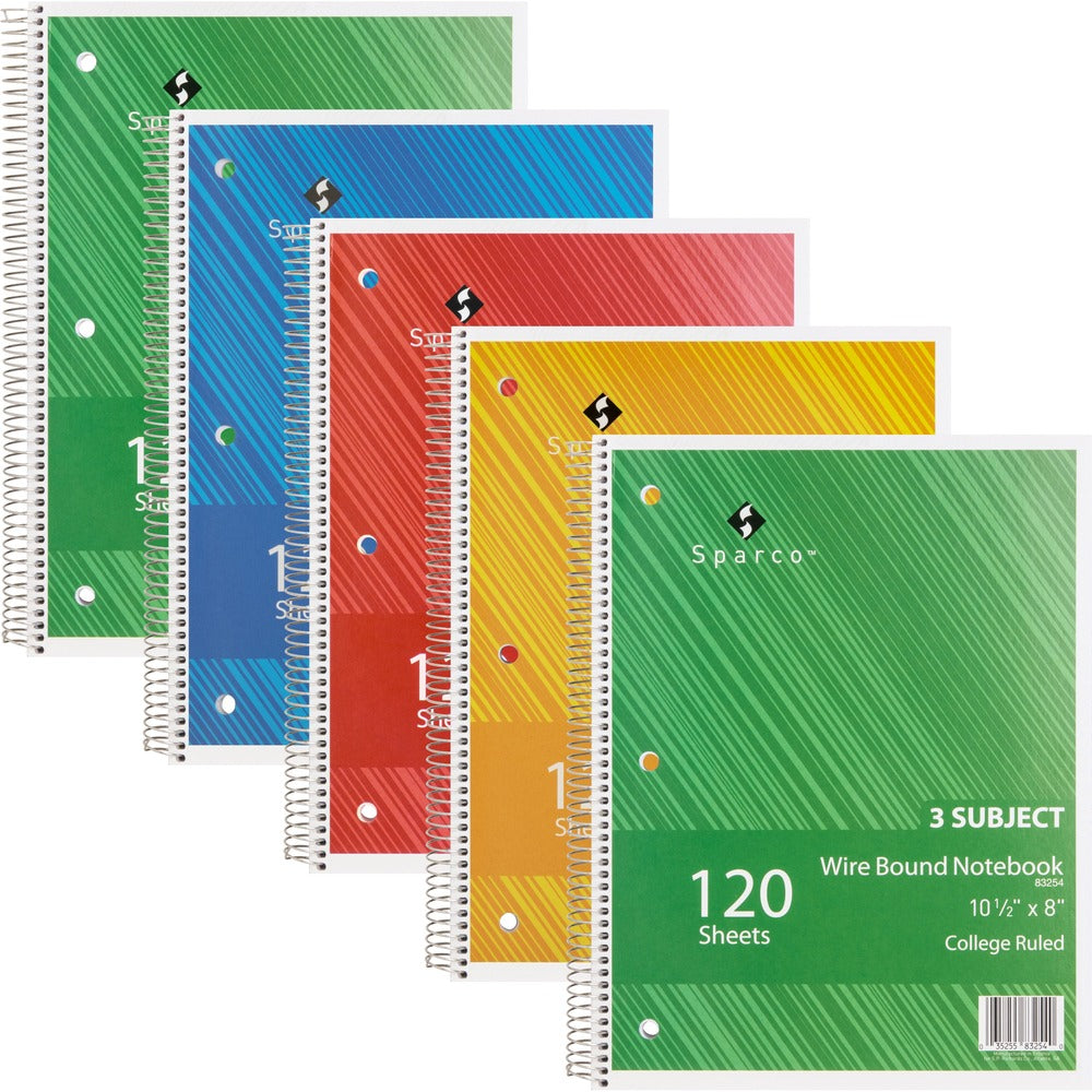 Image of Sparco Notebook,3 Subject,10-1/2"x8",College Ruled,120 Sht,6/BD,AST