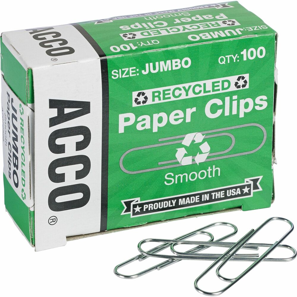Image of ACCO Paper Clips,Recycled,No 4,1-13/23"Size,Jmbo,100/BX,10/PK,SR