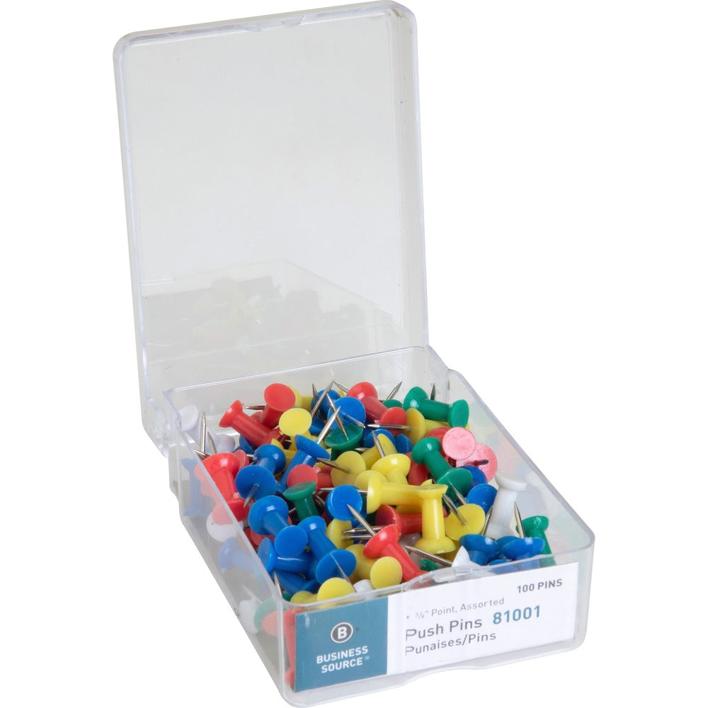 Image of Business Source Pushpins, 3/8" Point, 1/2" Heads, 100/BX, Assorted